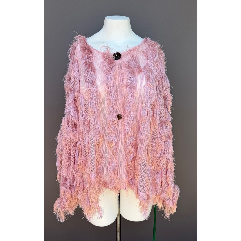 Colleen Lopez Pink Eyelash Fringe Cardigan 3X Sheer Mesh Boho Glam Coat NEW